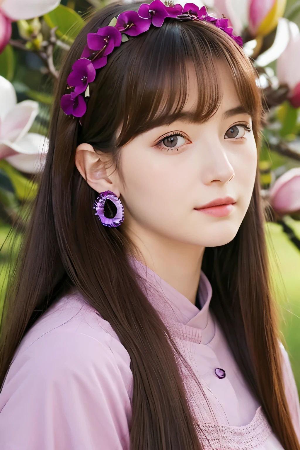 A 18-years old girl,Long tidy red hair,Magenta eyes,magnolia flowers on hair,Casual long sleeves outfits,Japanese + korean,beautiful face,Perfect,Tall,Sweet face,Bangs,Amethyst earrings,Magnolia flowers headband