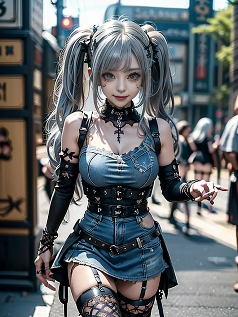 (Smiling with teeth showing:1.3),(Shibuya Gal:1.5)、(Gothic Lolita style fashion:1.5)、(Punk RockVisual Kei:1.4)、(Brown color denim and black medieval royal mini skirt dress:1.5)、(Brown denim and black medieval arm covers and bustier:1.5)、(Brown high heels:1.3)、(Wearing silver accessories:1.5)、(Brown lace collar:1.4)、(Black Leather Garter Belt:1.4)、(Brown Skin Belt:1.3)、(Black lace underwear:1.5)、20-year-old、NSFW、((Highest quality、In 8K、masterpiece:1.3))、Sharp focus:1.2、(Layered Cut、Huge boobs:1.1),Beautiful woman with perfect figure:1.4、(Dancing vigorously:1.3)、Slender Abs:1.2、Highly detailed face and skin texture、Detailed eyes、double eyelid,(Twin tails:1.3)、(Light silver colored hair:1.3)、Gravure idol、(The Caribbean cityscape in the background:1.3)、(Slim body:1.2),(Make your legs thinner:1.4),(clavicle:1.1)
