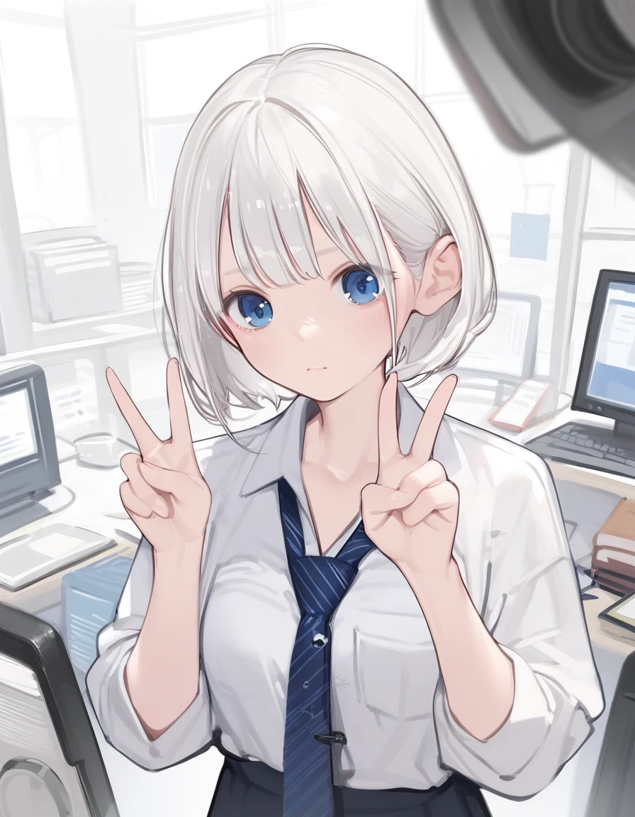 score_9,score_8_climb,score_7_climb,score_6_climb,score_5_climb, ,, hd5,or_Mizuki,1 woman,office woman, Double V, I unpacked it..,white hair,blue eyes,thin,holding a silencer pistol, Manga lines