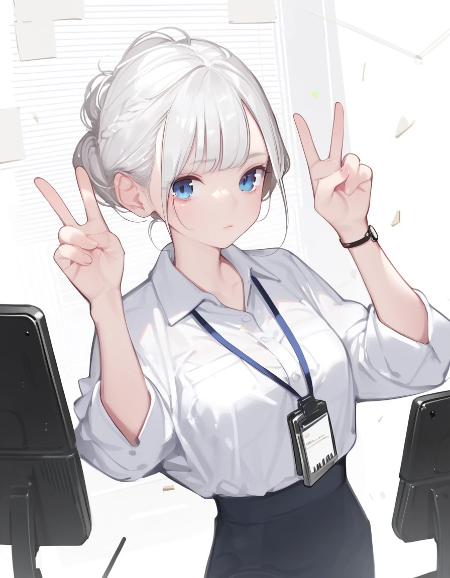 score_9,score_8_climb,score_7_climb,score_6_climb,score_5_climb, ,, hd5,or_Mizuki,1 woman,office woman, Double V, I unpacked it..,white hair,blue eyes,thin,holding a silencer pistol, Manga lines