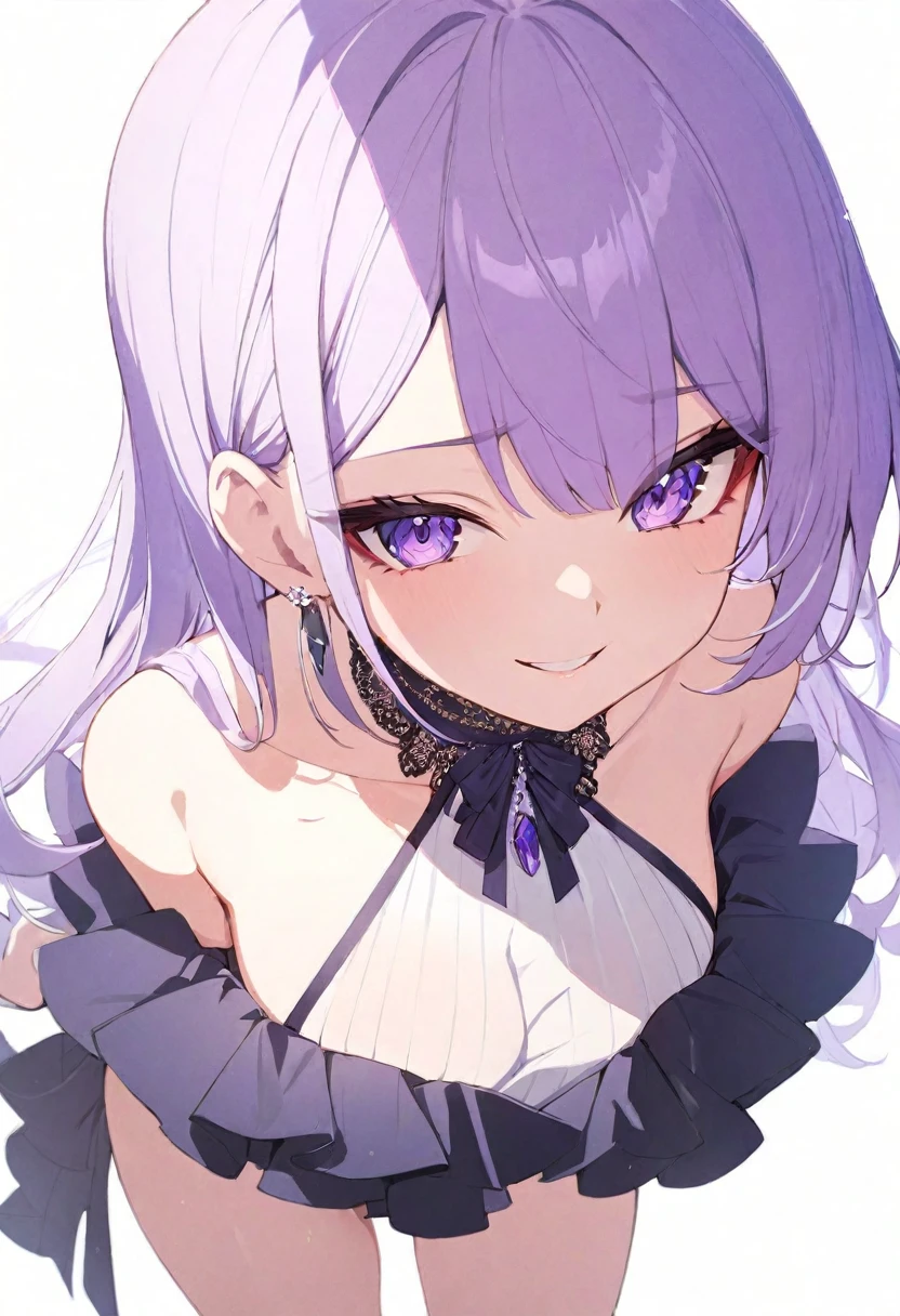 (masterpiece), (best quality), perfect face, beautiful girl, white background background, delicate and beautiful face and eyes, dark intense shadow, 
1 girl, vtuber style, cool girl, hololive, AZKi, Gorgeous evening dress Ruffles dress, lace, necklace, big chest, cropped shoulders, clavicle, winking, smile, body visible through clothes, chest visible through clothes, ass visible through thighs, High heel, (full body), looking at viewer, standing, 