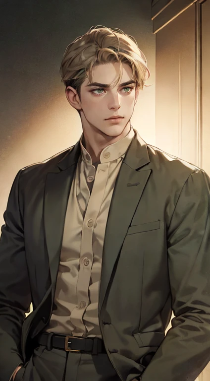 masterpiece, best quality, realistic, 1man, mature male, quiet and charming young man, 36 years old, close his eyes, serious look, extremely detailed face, ((dark grey green eyes)), ((short-right-swept dark golden hair)), [thick eyebrows], detective, plain background, ((suit)), cinematic lighting, looking at the audience, posture dynamics