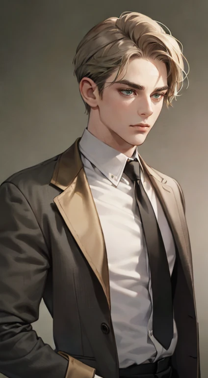 masterpiece, best quality, realistic, 1man, mature male, quiet and charming young man, 36 years old, close his eyes, serious look, extremely detailed face, ((dark grey green eyes)), ((short-right-swept dark golden hair)), [thick eyebrows], detective, plain background, ((suit)), cinematic lighting, looking at the audience, posture dynamics