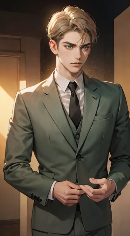 masterpiece, best quality, realistic, 1man, mature male, quiet and charming young man, 36 years old, close his eyes, serious look, extremely detailed face, ((dark grey green eyes)), ((short-right-swept dark golden hair)), [thick eyebrows], detective, plain background, ((suit)), cinematic lighting, looking at the audience, posture dynamics