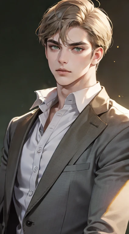 masterpiece, best quality, realistic, 1man, mature male, quiet and charming young man, 36 years old, close his eyes, serious look, extremely detailed face, ((dark grey green eyes)), ((short-right-swept dark golden hair)), [thick eyebrows], detective, plain background, ((suit)), cinematic lighting, looking at the audience, posture dynamics
