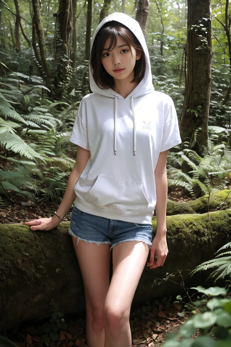 (best quality,realistic,ultra-detailed),a sexy and slim 18-year-old French brunette woman in white short sleeve hoodie, visible leg,in the forest,short en jean
