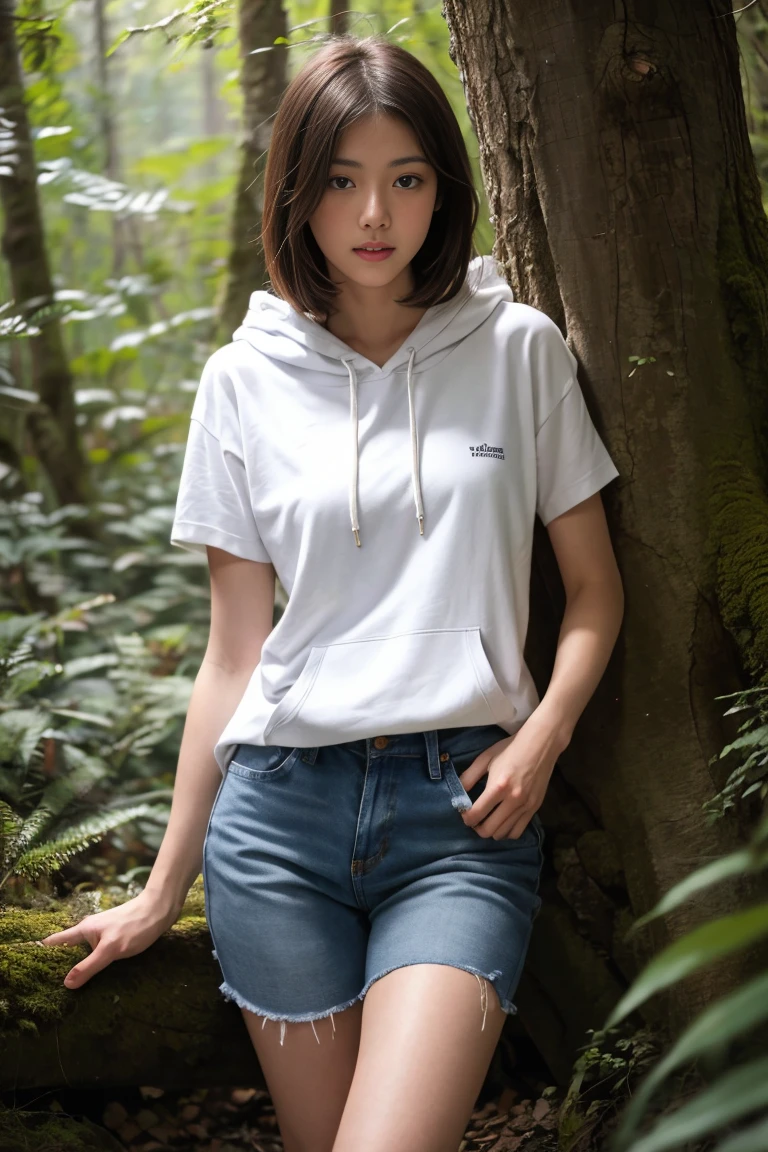 (best quality,realistic,ultra-detailed),a sexy and slim 18-year-old French brunette woman in white short sleeve hoodie, visible leg,in the forest,short en jean