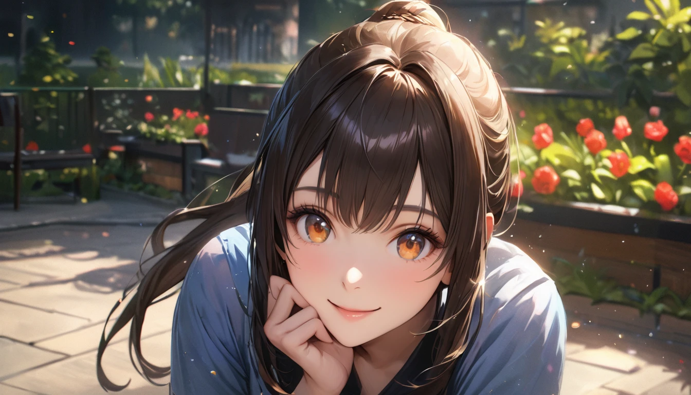 garden, Cute casual clothes,On a date,Blur the background,High school girls,ponytail,smile,Glitter effect,Highest quality, 4K, 8k, High resolution, masterpiece:1.2, Very detailed, Realistic:1.37, High resolution, 超High resolution, Ultra-fine painting, Sharp focus, Physically Based Rendering, Very detailedな説明, Professional, Vibrant colors