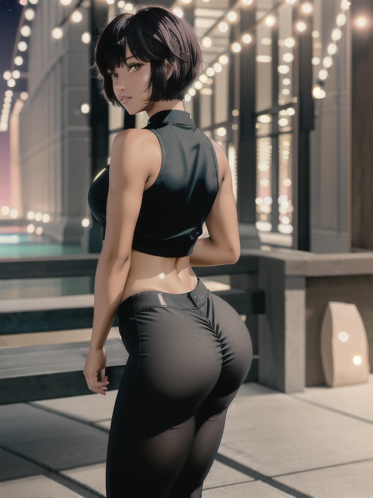 masterpiece, best quality, solo focus, extremely detailed 8k CG unity wallpaper, 1girl with short bob cut hair, glowing eyes, tight legging, crop top, (dark skin:1.5, tomboy), toned, big ass, contrapposto, nighttime, pink eyes, outdoors, landscape