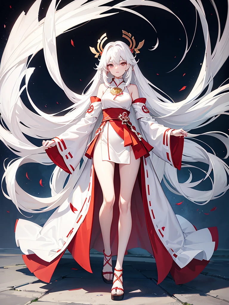 Miko long dress, large breats, pale skin, white hair, long hair, full body, concept art