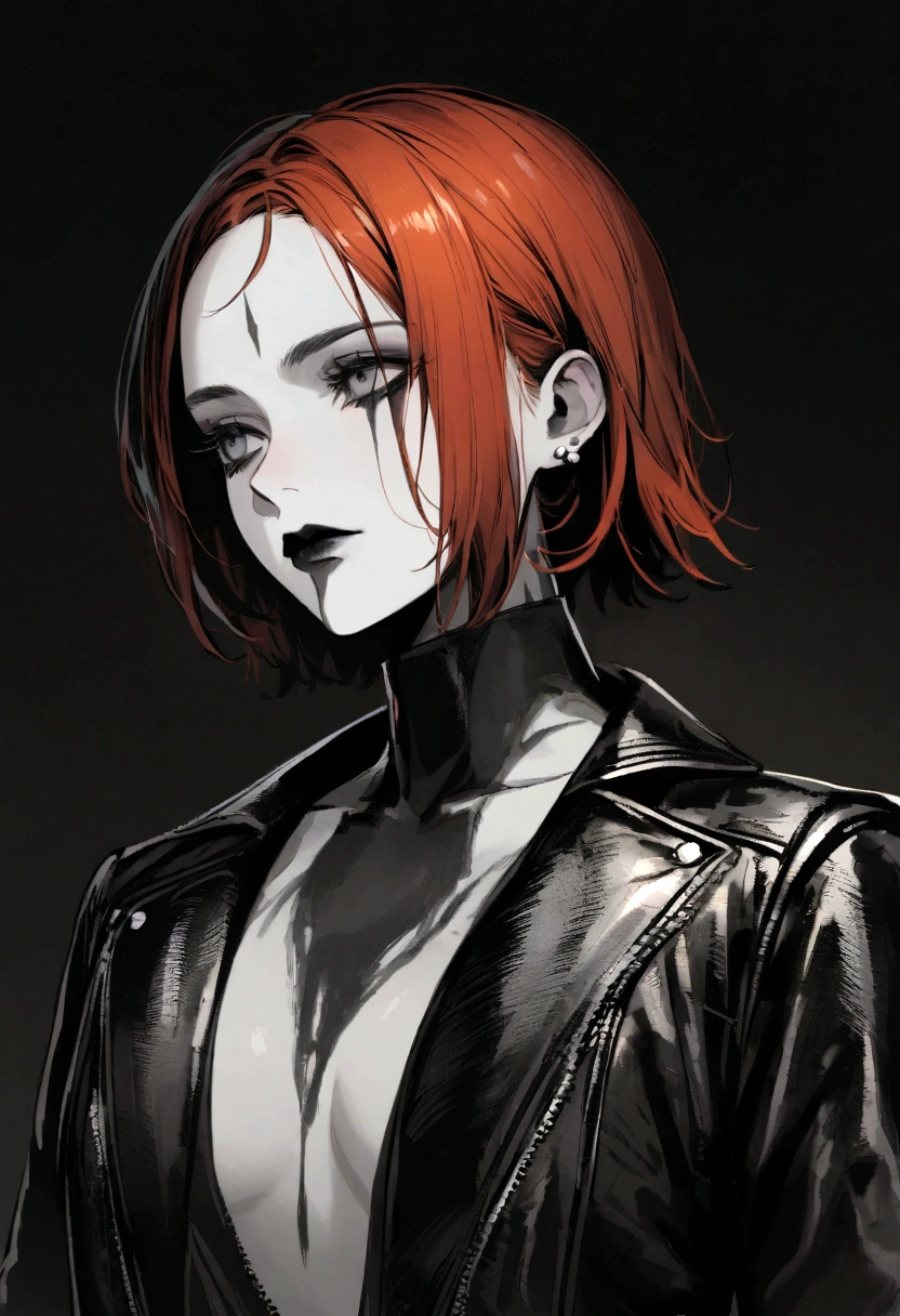 a female character, pixie cut with long mullet, vermillion hair. The background is greyish white. The character's face is confident, with pale skin and corpse paint. She wears a dark-colored leather jacket with studs.