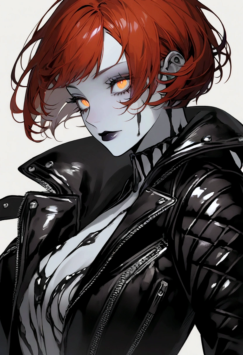 a female character, pixie cut with long mullet, vermillion hair. The background is greyish white. The character's face is confident, with pale skin and corpse paint. She wears a dark-colored leather jacket with studs.