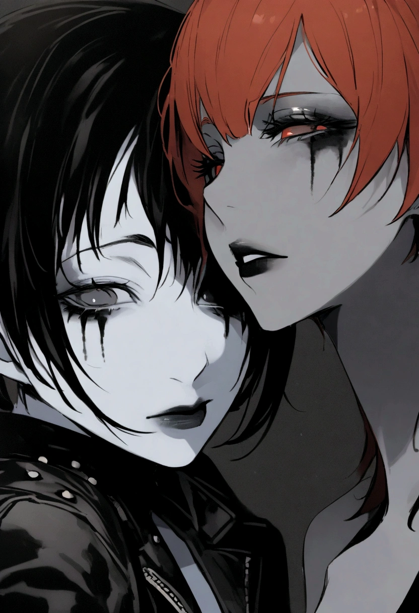 a female character, pixie cut with long mullet, vermillion hair. The background is greyish white. The character's face is confident, with pale skin and corpse paint. She wears a dark-colored leather jacket with studs.