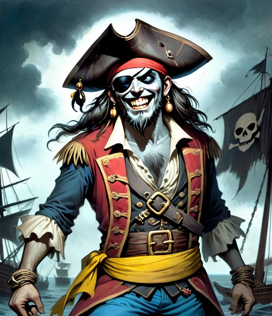 A Pirate Captain with a straw hat who has wide joyous eyes and over-expressive facial features. He is surrounded by a gloomy and Gothic atmosphere typical of late 19th century illustrations. The character possesses monstrous strength and has an ability to stretch his limbs to extraordinary lengths. His attire consists of a red vest, blue shorts with a yellow sash, and black sandals. The style is reminiscent of eerie expressiveness, exaggerated proportions, and dark thematic elements, using pencil, 1xehd1