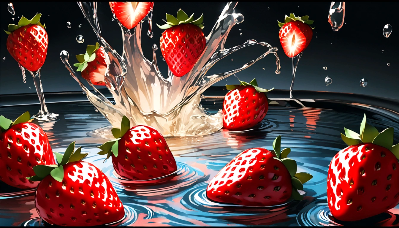 Cinematic RAW Photos,Ultra-realistic photos,Ultra-realistic photos,Digital SLR,Soft lighting,Product photo of five strawberries falling into water、Dripping、Splashing clear liquid、Water flower,Dynamic Composition Star Part) (Highest quality) (be familiar with) (Cinema Lighting) (Sharp focus) (Complex), Master Parts, Highest quality, Ultra-high resolution, 8K Ultra HD