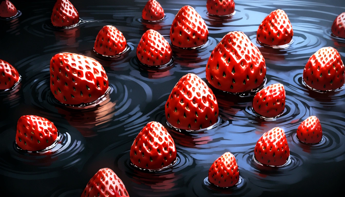 Cinematic RAW Photos,Ultra-realistic photos,Ultra-realistic photos,Digital SLR,Soft lighting,Product photo of five strawberries falling into water、Dripping、Splashing clear liquid、Water flower,Dynamic Composition Star Part) (Highest quality) (be familiar with) (Cinema Lighting) (Sharp focus) (Complex), Master Parts, Highest quality, Ultra-high resolution, 8K Ultra HD