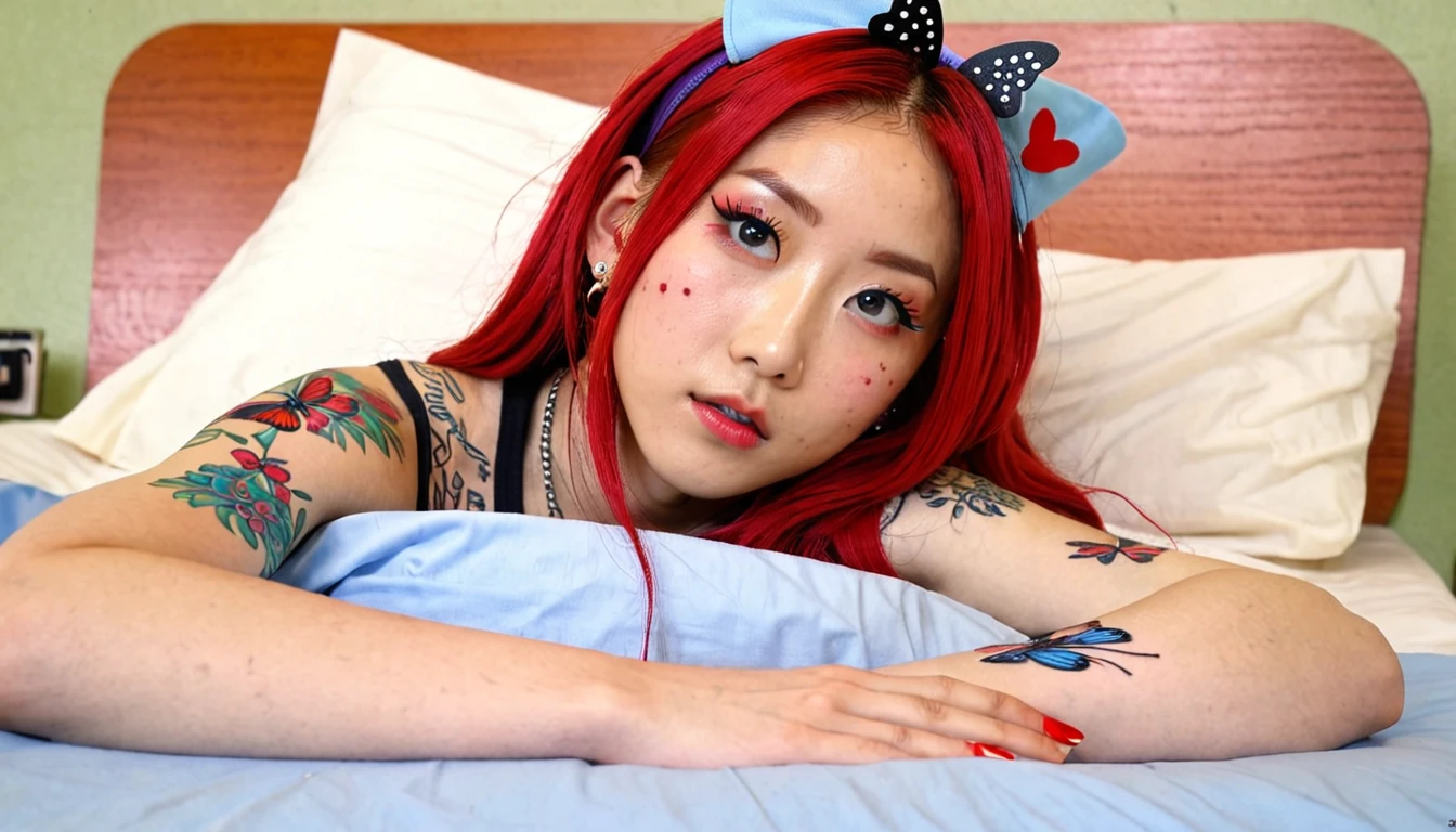 Uhd, photo of Cami, subject: Noriko, 1/2 Japanese 1/2 Hainu skinny girl with long red hair, blue+++ eyes, oval face, LGBTQIA+, queer, punk style, dressed in colorst, buttefly hairclip, tattooes. She is lying in bed of the hospital, I.V. drawing her blood. Italian style.