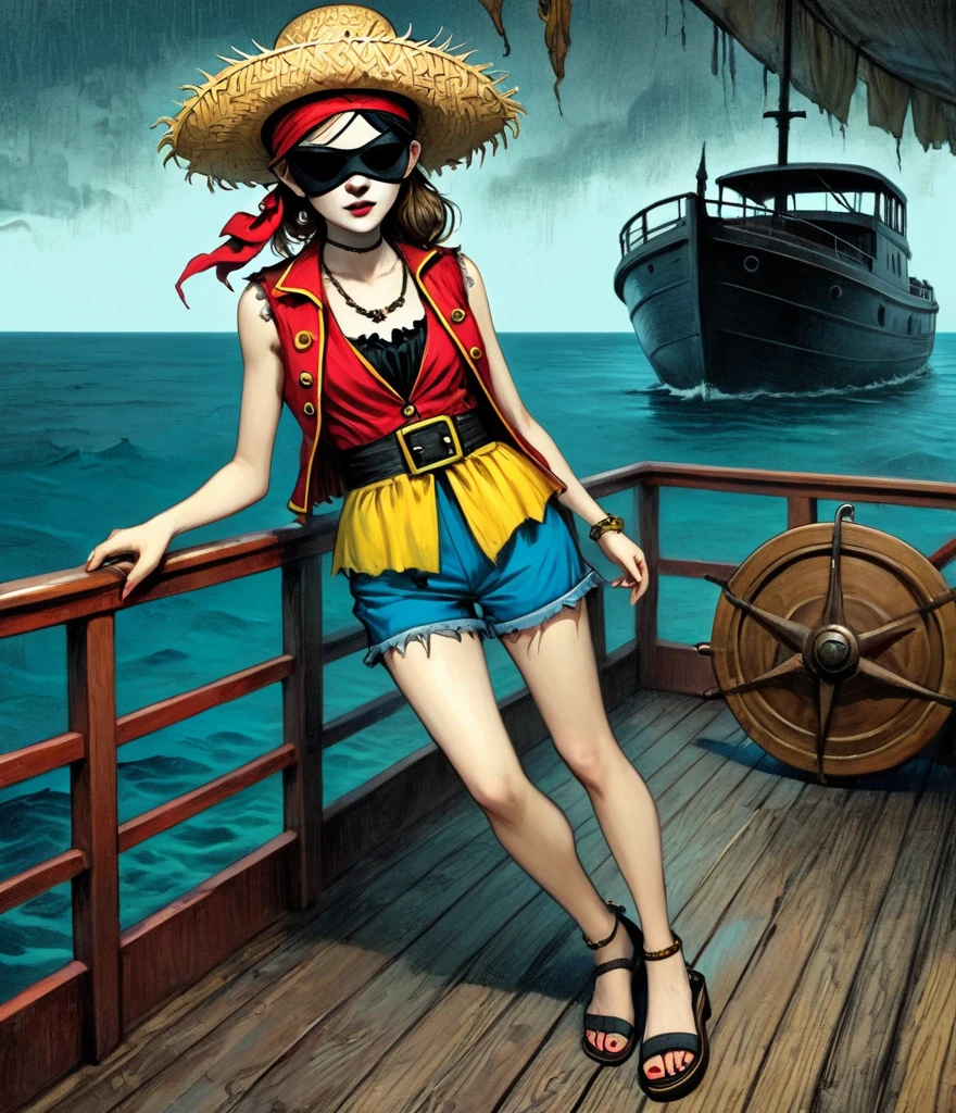 (whole body:1.3), 1 female captain, Wearing a straw hat, Black eye mask, Rich expression, gloomy, Gothic horror, illustration, Red vest, Blue shorts, Yellow belt, Black sandals, Strange, exaggerated, Caribbean Sea in the background,Boat deck,Dark theme elements, Pencil Sketch
