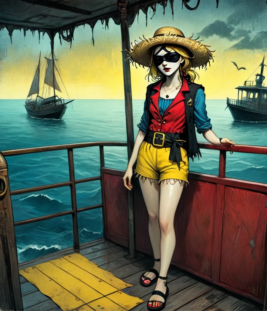 (whole body:1.3), 1 female captain, Wearing a straw hat, Black eye mask, Rich expression, gloomy, Gothic horror, illustration, Red vest, Blue shorts, Yellow belt, Black sandals, Strange, exaggerated, Caribbean Sea in the background，Boat deck，Dark theme elements, Pencil Sketch