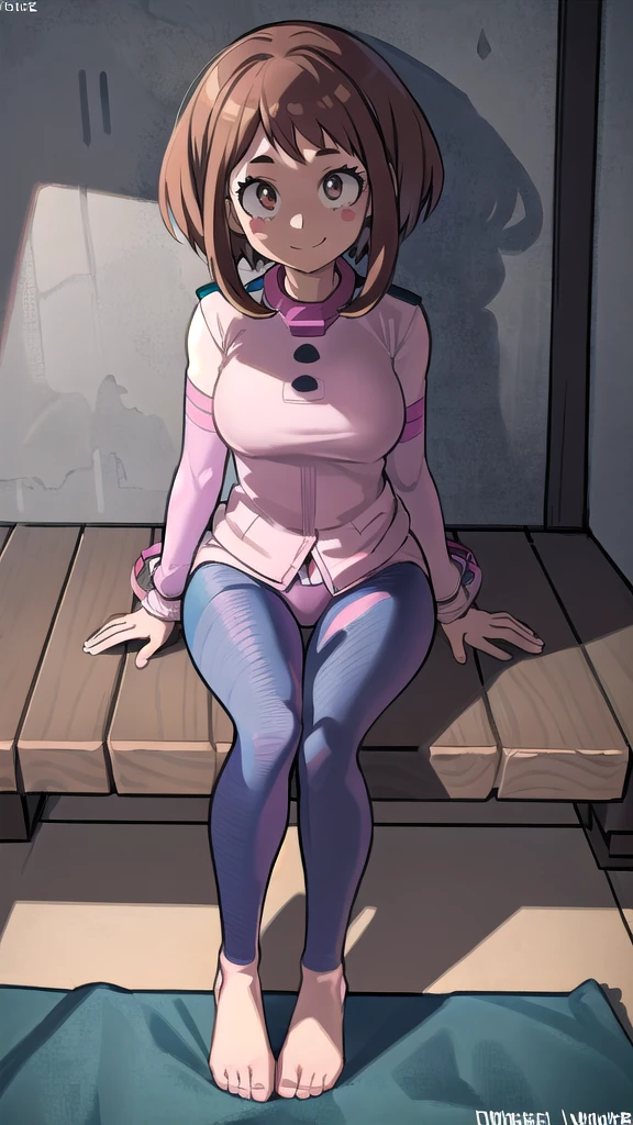[ochako uraraka], [Boku no hero academia], ((masterpiece)), ((HD)), ((high quality)), ((solo portrait)), ((front view)), ((full body)), ((anime)), ((Kohei Horikoshi)), ((detailed shading)), ((cel shading)), ((intricate details)), ((cinematic lighting)), {ochako, (rosy cheeks), (cute round brown eyes), short brown hair, short eyelashes, large , (gorgeous hips), (beautiful legs), (excited smile), white teeth)}, {(pink blazer), (blue spandex yoga pants), (pink open-toe platform high heels), (barefoot)}, {(sitting on picnic blanket), (looking at viewer)}, [Background; (grass), (blue sky), (sun rays)]