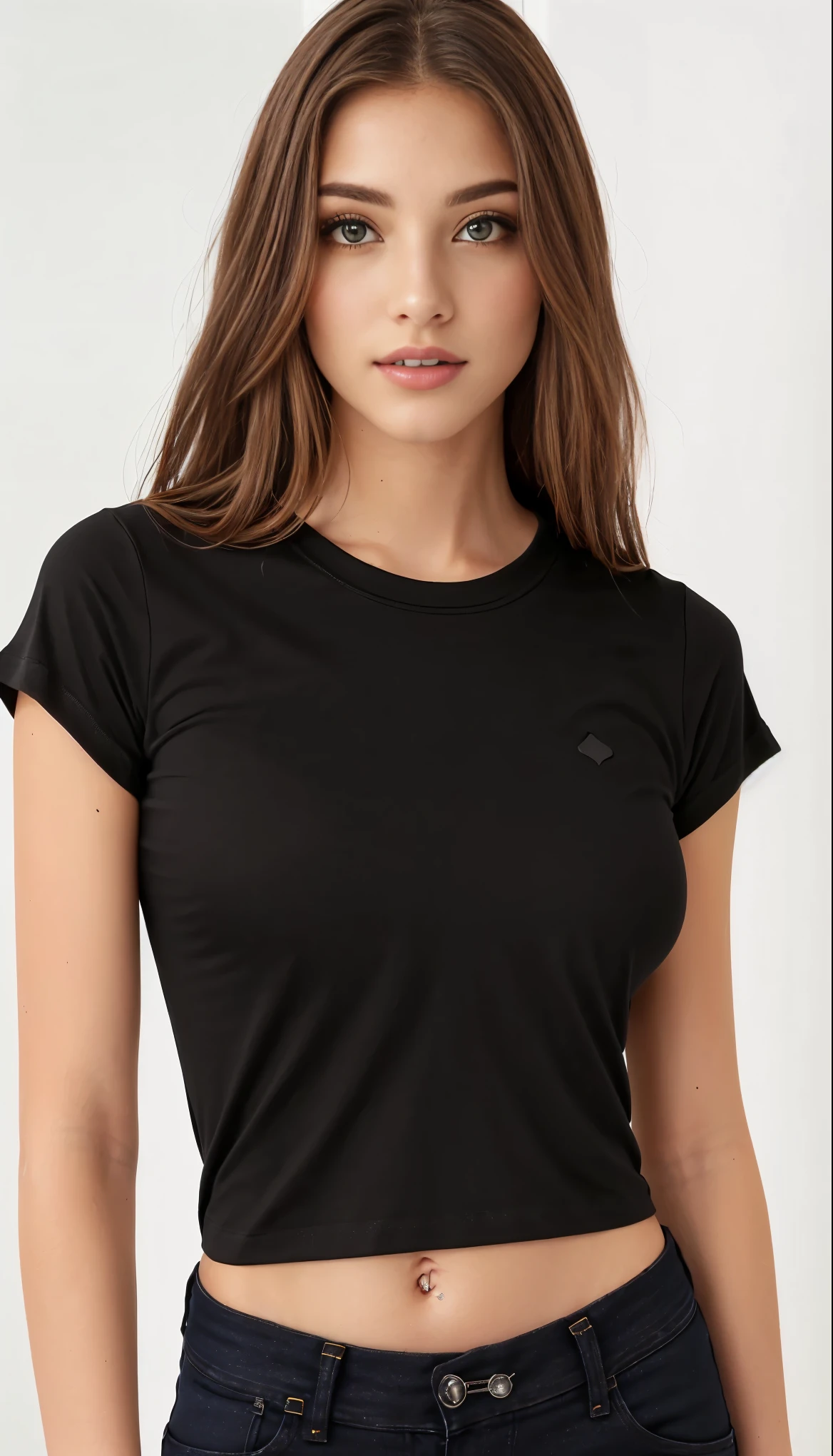 uma mulher vestindo uma blusa preta e jeans, top preto, vestindo camiseta preta, vestindo uma camiseta preta, wearing a camiseta preta, Camisa preta, camiseta preta, camiseta preta, camiseta preta, camisa apertada, wearing a Camisa preta, manga curta, roupas pretas casuais, camiseta, wearing camisa apertada, vestindo roupas simples e justas