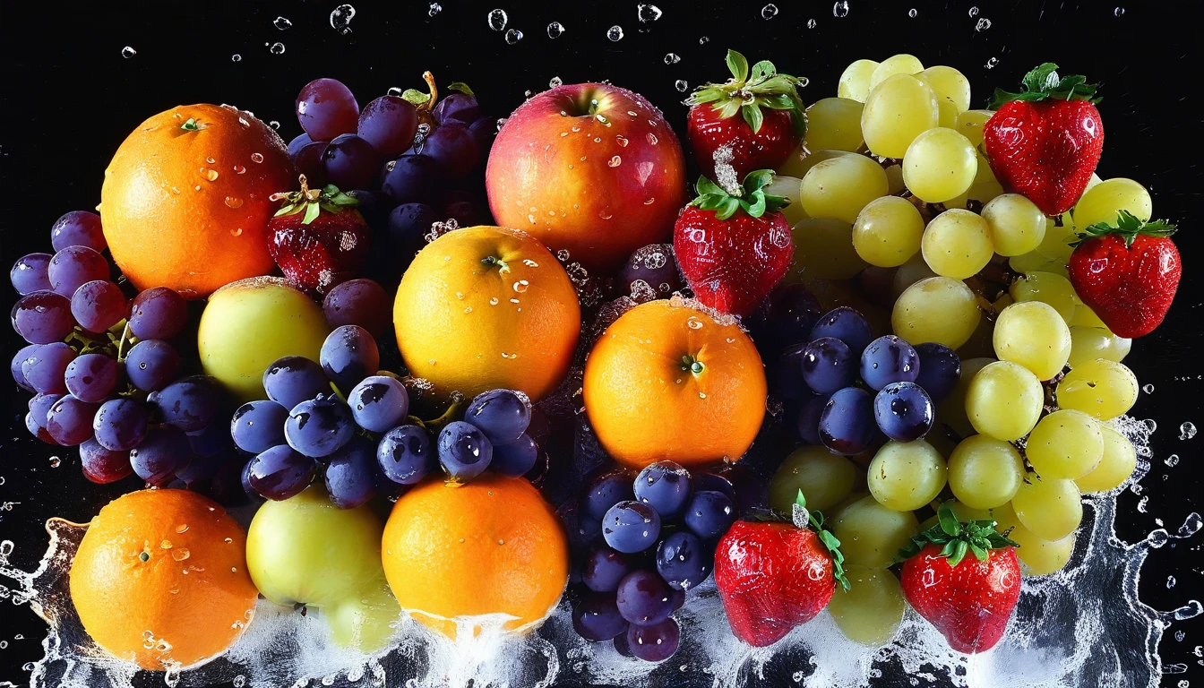 fruits, food, No humans, food focus, water drop, Grapes, water, Black background, still life, blueberry, strawberry, waterしぶき, Simple Background, orange (fruits)