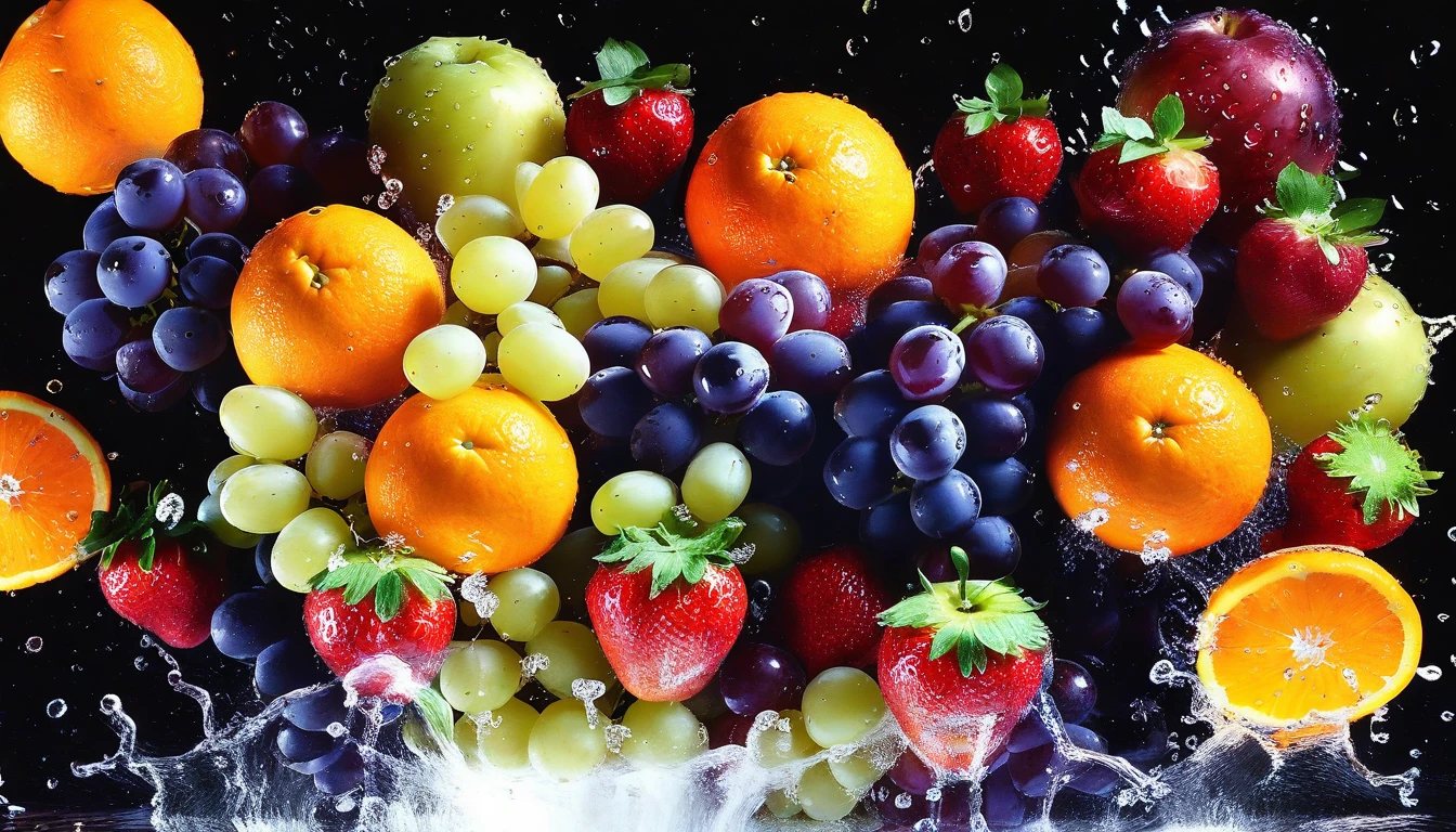 fruits, food, No humans, food focus, water drop, Grapes, water, Black background, still life, blueberry, strawberry, waterしぶき, Simple Background, orange (fruits)