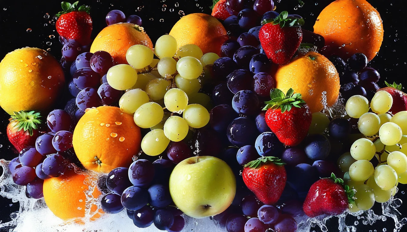 fruits, food, No humans, food focus, water drop, Grapes, water, Black background, still life, blueberry, strawberry, waterしぶき, Simple Background, orange (fruits)