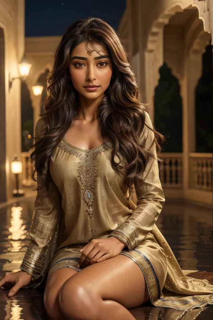 a cute indian girl, detailed eyes, detailed lips, long hair, impressive hairstyle, happy expression, wearing salwar suit with lace and jewelry, standing in evening monsoon weather with dark shadows and moonlit background, (best quality,8k,highres,masterpiece:1.2),ultra-detailed,(realistic,photorealistic,photo-realistic:1.37),HDR,UHD,studio lighting,ultra-fine painting,sharp focus,physically-based rendering,extreme detail description,professional,vivid colors,bokeh,portrait