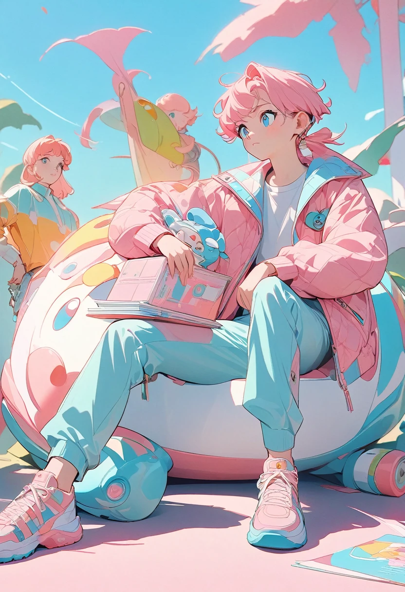 male, Dynamic poses in expensive and fashionable clothes, Designed by Gucci::3, tumbler, Inspired by Yanjun Chen style, Digital Art, Internet Boy Lofi Meme, Trends in this, Catalogue photo, 3D rendering beeple, Lads and Lois Van Baarle, Manga style illustration, Bright pastel colors, Beautiful art illustrations, Retro Anime Boy --ar 2:3 --q 2