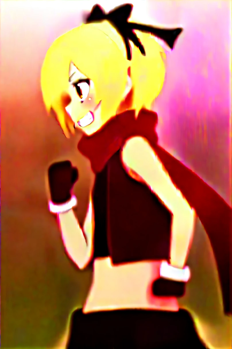 Felt, 1girl, solo, blush, smile, gloves, bow, ribbon, upper_body, outdoors, sky, sleeveless, day, blurry, grin, scarf, vest, from_side, crop_top, fur_trim, black_bow, blurry_background, profile, clenched_hand, brown_gloves, red_scarf, running, fur-trimmed_gloves, brown_vest