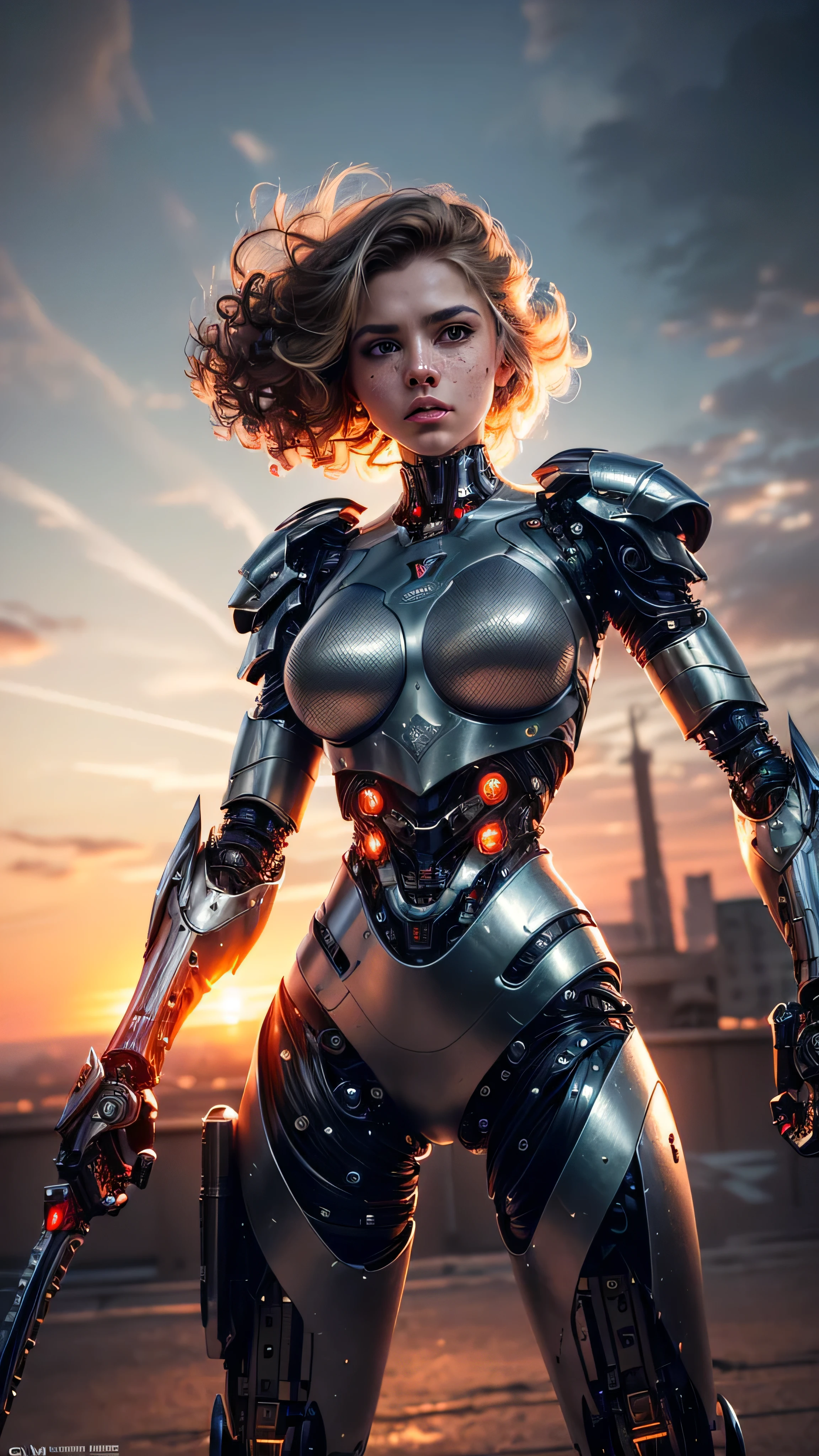 (masterpiece, photorealistic:1.4, extremely intricate:1.3), (photon mapping, radiosity, physically based rendering, ultra resolution, hyper-realistic, hyper-realistic, 8K, (dtx)), muscular girl, ((Sumptuous armor from the late Renaissance, black chrome perfectchainmail armor:0.8, ((mechanical limbs, cybernetic arms, futuristic cyborg, ((weapon)))), angry, intense, [skin detail:freckles:0.7])), metal reflections, outdoors, sunset, background futuristic battlefield, far away city destruction, skylaser, professional photograph, (short curly platinum hair, blowing, dynamic movement pose, arm raised), sharp focus, dramatic, award winning, (film grain, bokeh, interaction)
