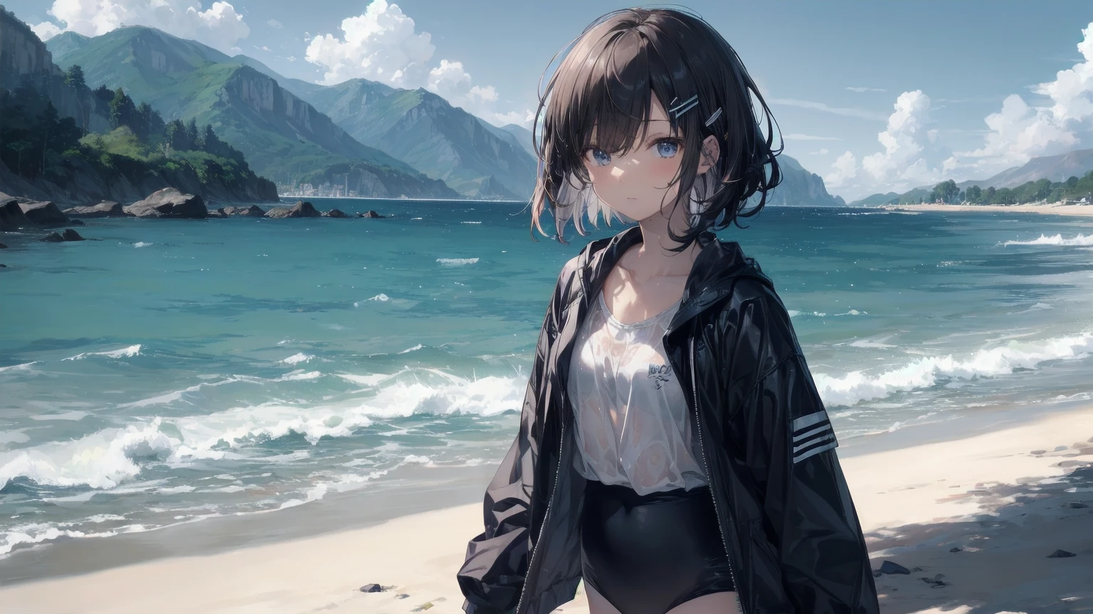 Highest quality, Anime Moe Art Style,Best Anime 8K Konachan Wallpaper,pixiv Contest Winner,Perfect Anatomy, break,(Please draw a picture of a girl in a 水着 walking on the beach.),break, One is an unlucky beautiful girl.,(alone,On top of that,,14 years old:1.3),,Complete limbs, Full Finger, short hair,おでこを出したshort hair,Bob Hair, amount, (Hair on one eye:1.4),Small breasts, Small Ass, Beautiful attention to detail, Well-proportioned pupils,Between the legs, Wet, Shiny skin, Cowboy Shot, Hair Clip, White swimsuit, At the Beach.break,Very detailed,High resolution,Very detailed肌,
Optimal lighting with AI, shape,