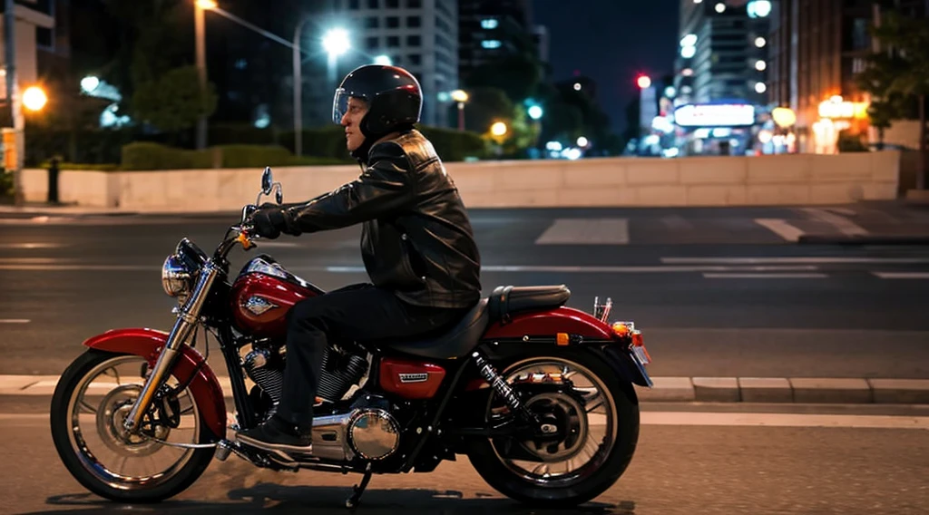 evening、Low angle shot of a middle-aged man riding a Harley Davidson with his partner、Side view。Bad old man style