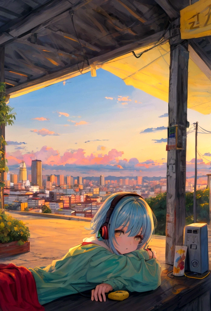 portar、512、lo-fi、Garota em fones de ouvido, sentada em uma cadeira、Cochilando em sua mesa、olhos fechados、Vista da cidade pela janela、evening、Cores pastel、pintura