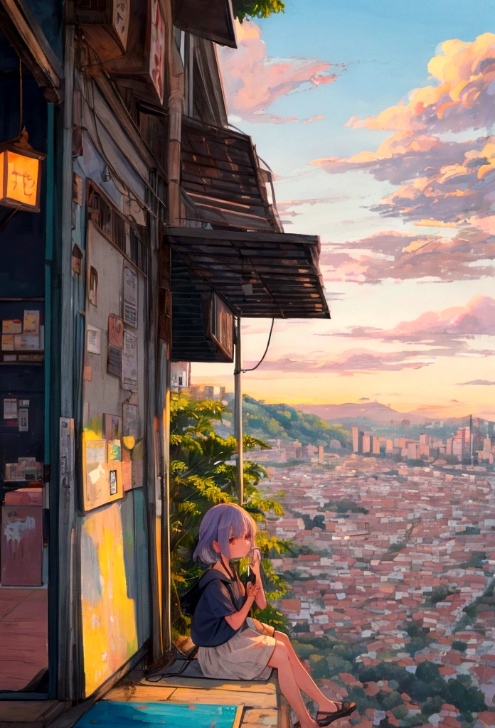 portar、512、lo-fi、Garota em fones de ouvido, sentada em uma cadeira、Cochilando em sua mesa、olhos fechados、Vista da cidade pela janela、evening、Cores pastel、pintura
