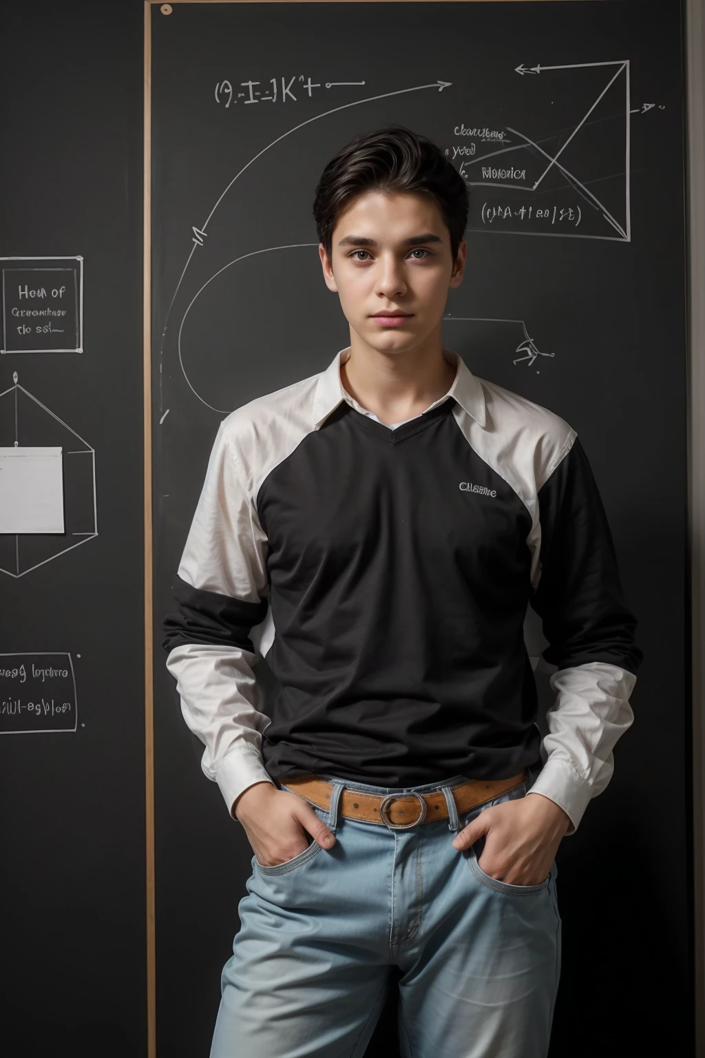 A young man with a beautiful blink of an eye, with a black hair, wearing a luxurious long-sleeved shirt, bright white color, and jeans, and he is in his office, and behind him is a blackboard with the mind map on the science of calculus. His eyes are black halos, and he comes out of his head, neon, with a mind map.