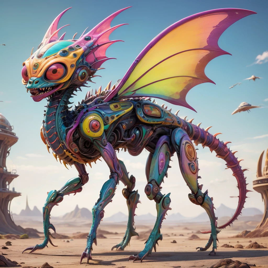 a small bizarre and strange looking part mechanical brightly coloured alien. Showing the entire, highly detailed body from the side. The entire picture is full of details.  Strange alien landscapes in the background. Big detailed wings and sharp teeth and fangs. a sharp abdominal stinger. tentacles and antennas and multiple eyes. long spiky legs. Scaley segmented body.  Hypnotic and telepathic and psychedelic looking. 