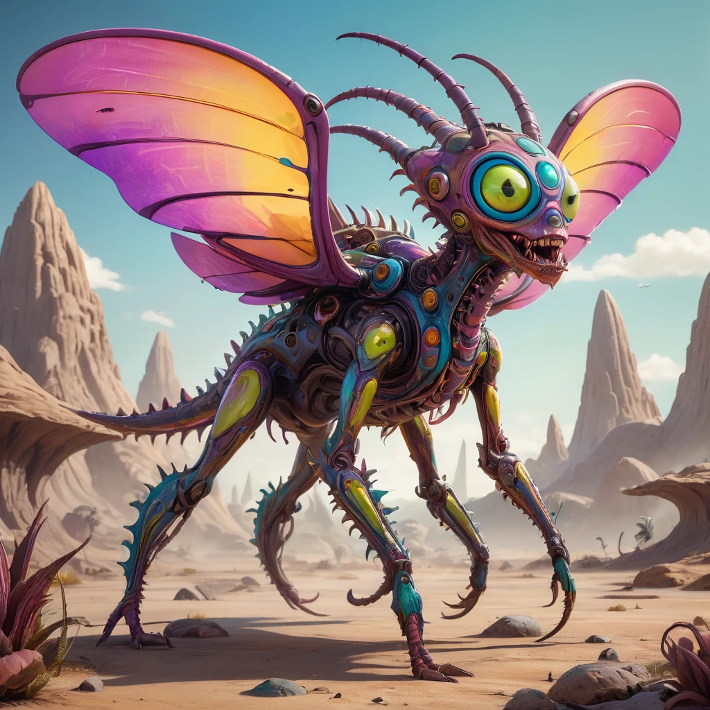 a small bizarre and strange looking part mechanical brightly coloured alien. Showing the entire, highly detailed body from the side. The entire picture is full of details. Strange alien landscapes in the background. Big detailed wings and sharp teeth and fangs. a sharp abdominal stinger. tentacles and antennas and multiple eyes. long spiky legs. Scaley segmented body. Hypnotic and telepathic and psychedelic looking.