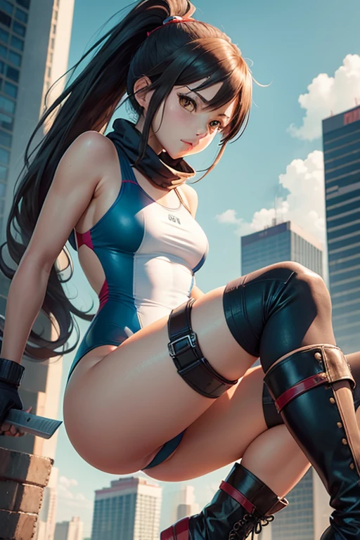 Female Kobeni Higashiyama long ponytail brown hair one piece swimsuit speedo boots gloves city background chainsaw man character anime series human