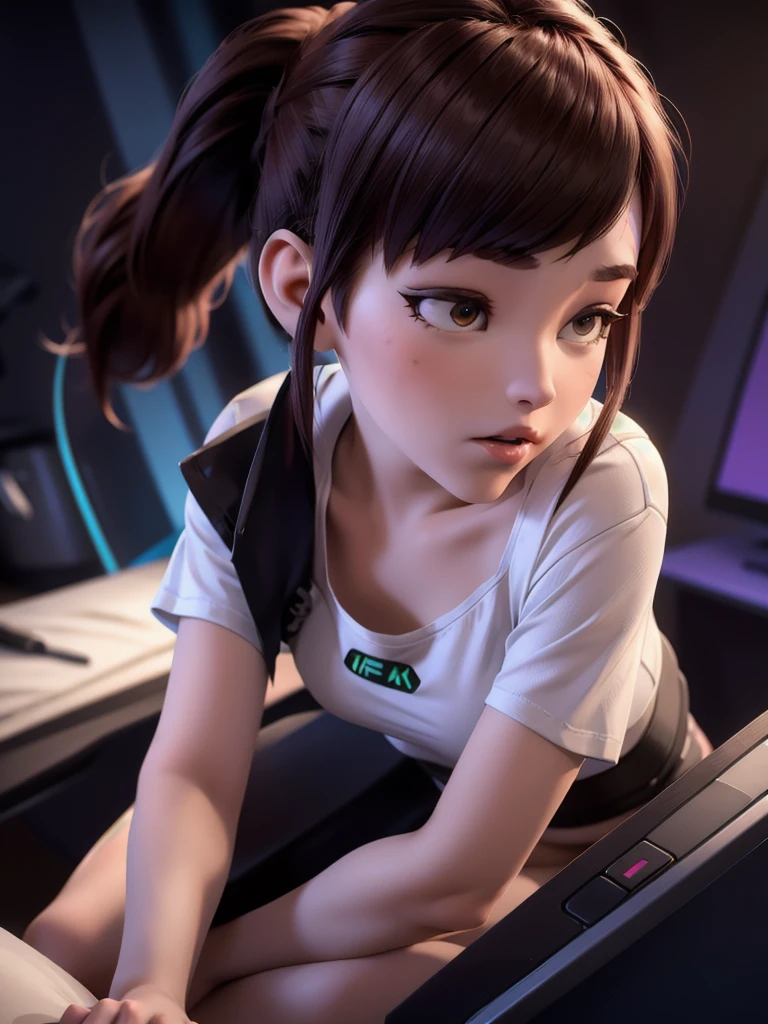 (ponytail), she is wearing a ( ice white cropped ((loose)) fit t-shirt), the cropped shirt is hanging (open) at the bottom as it is loose,  1 girl solo, cinematic lighting, high resolution, physically-based rendering, 8k,  gaming setup in background, (she has very small  breasts), nsfw,  you can see the (whole room) and her sitting on the bed, she wears an (underwear slim panty)  her arms are on a game controller, DVA is gaming before sleeping