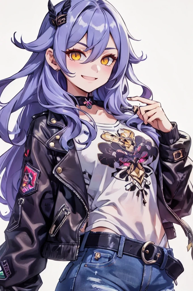 ((masterpiece)), ((ultra-detailed)), ((best quality)), ((intricate details)), (1girl:1.4), portrait, dynamic pose, model, (photoshoot:1.3), wink, gacha sprite, solo, vibrant colours, purple hair, yellow eyes, hair ornament, smiling, smirking, belt, black belt, casual clothes, black open jacket, summer clothes, white background, modern clothes, t-shirt, denim jeans, long hair, cute, happy, hands behind back