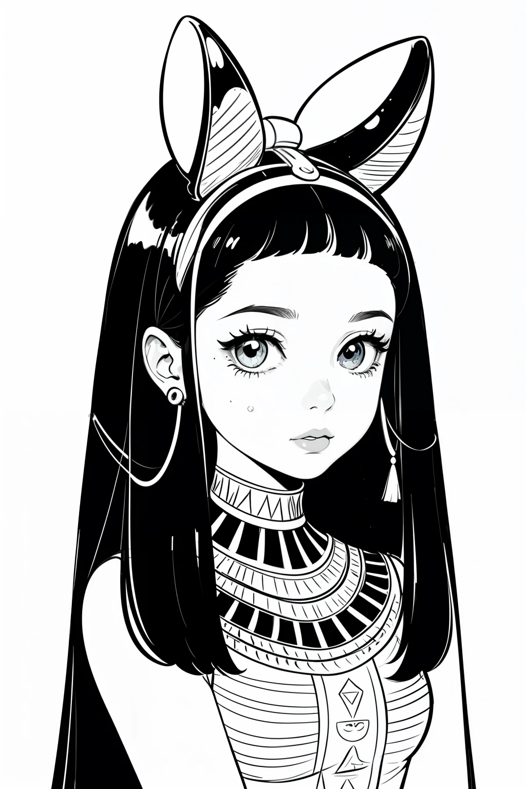 Create a Lineart of a cute egyptian girl, for coloring book for kids, vector illustration, without inside shading or colors, no black or dark shading anywhere, black and white, crisp dark thick line art. Decorate the rest of the area around with mystic designs 