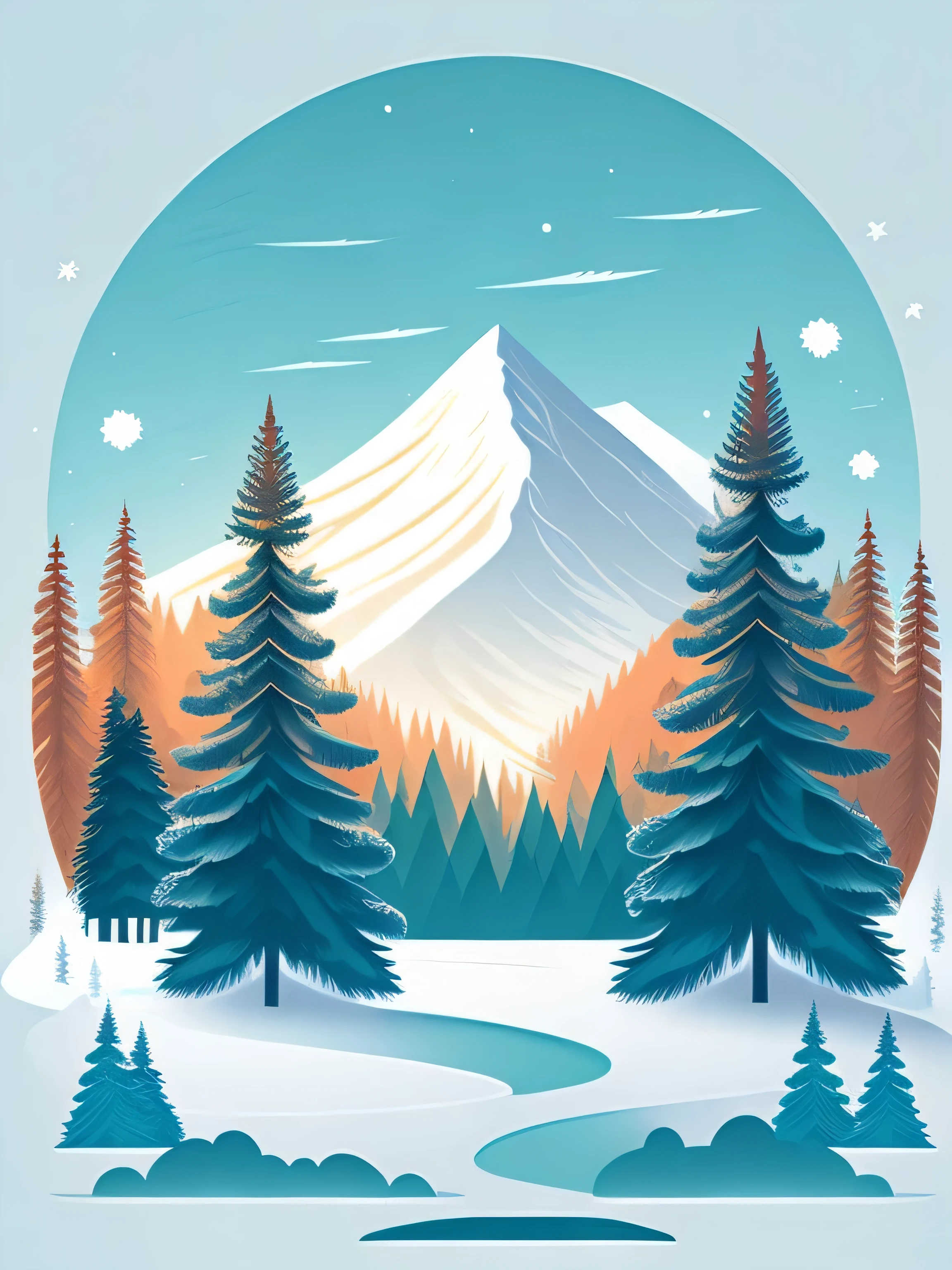 A spruce tree in a winter landscape, t-shirt design, rzminjourney, vector art