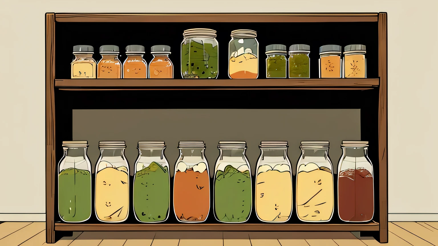 Anime style, wooden shelf,  flat color, homemade jam jar, pickle jar, basket, basket, lining bottles, front view,  no background