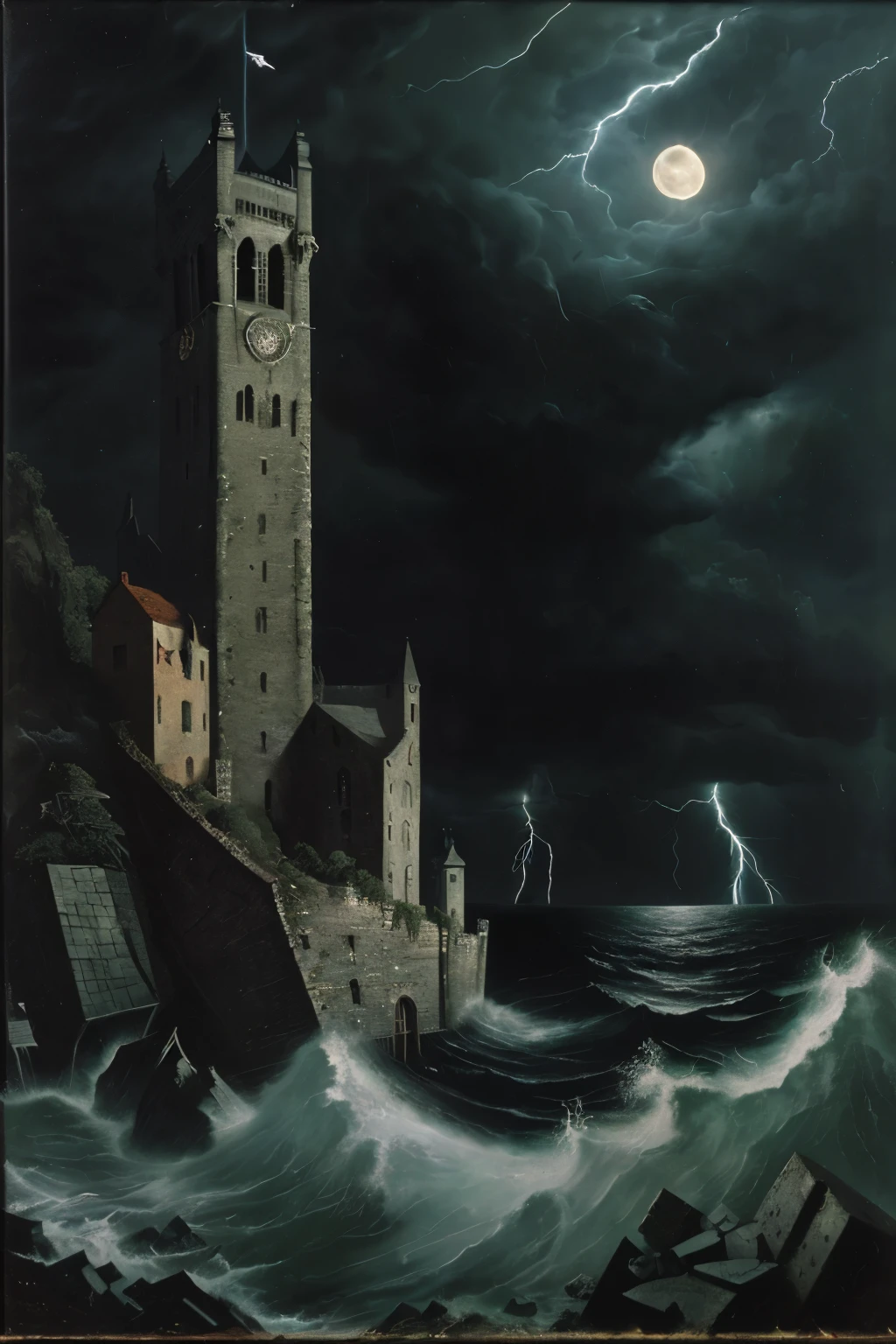 gloomy background,(The Dark Sea,storm)::(storm,lightning,bright moon,night)::(steep mountain bank on the left,old lock, collapsed, dark brick,Bavarian masonry, tall towers, black walls), big waves, overgrown rocks,Oil painting