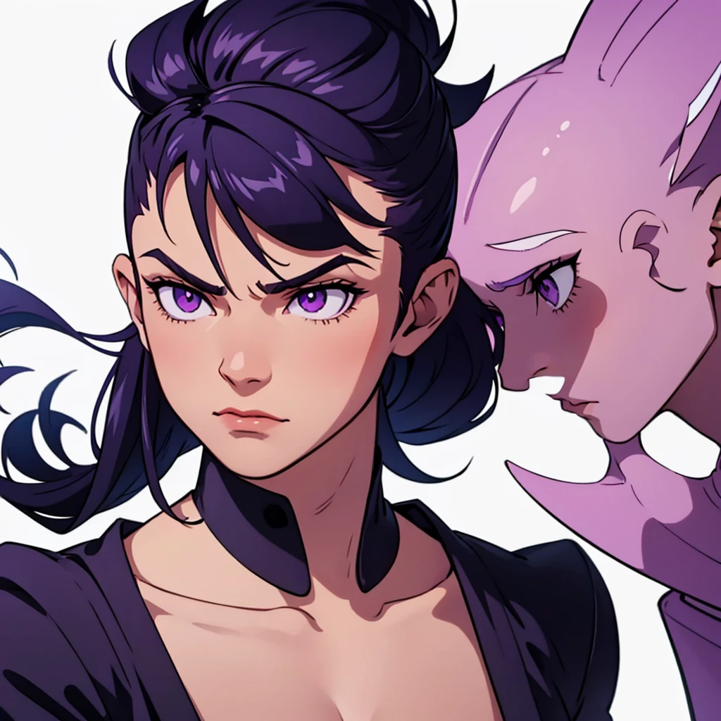 anime style, anime art, 1 man, male masculine, muscular, wide face, square face structure, squared off jaw, wide face, wide jaw, pointy square jaw, pointed jaw, longer hair on top then on sides, very short hair on sides of head, shortest hair on sides of head, buzzcut on sides of head, shortest hair on sides of head, 3 inches of hair top of head, longer short head on top of head, pointy hair, flowy hair, spiked hair, black colored hair, pointy eyebrows, stern look, purple eyes, pointy eyes, pointy nose, thin lips, imposing, intimidating, impressive