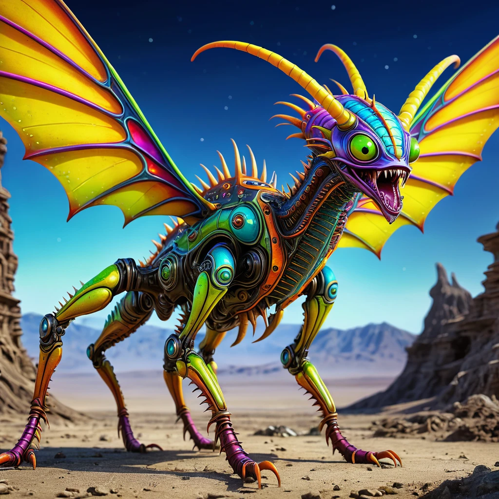 a small bizarre and strange looking part mechanical brightly coloured alien. Showing the entire, highly detailed body from the side. The entire picture is full of details.  Strange alien landscapes in the background. Big detailed wings and sharp teeth and fangs. a sharp abdominal stinger. tentacles and antennas and multiple eyes. long spiky legs. Scaley segmented body.  Hypnotic and telepathic and psychedelic looking. 