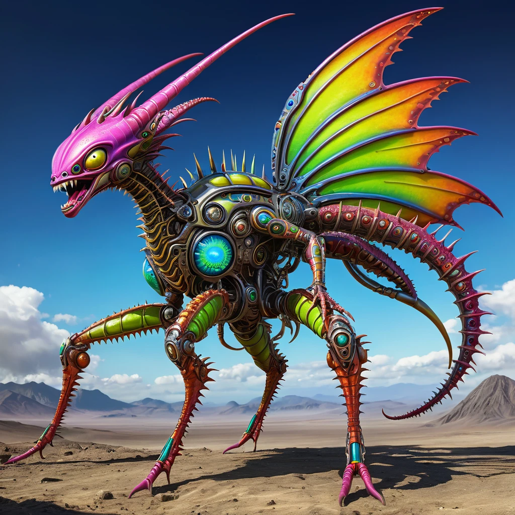a small bizarre and strange looking part mechanical brightly coloured alien. Showing the entire, highly detailed body from the side. The entire picture is full of details. Strange alien landscapes in the background. Big detailed wings and sharp teeth and fangs. a sharp abdominal stinger. tentacles and antennas and multiple eyes. long spiky legs. Scaley segmented body. Hypnotic and telepathic and psychedelic looking.