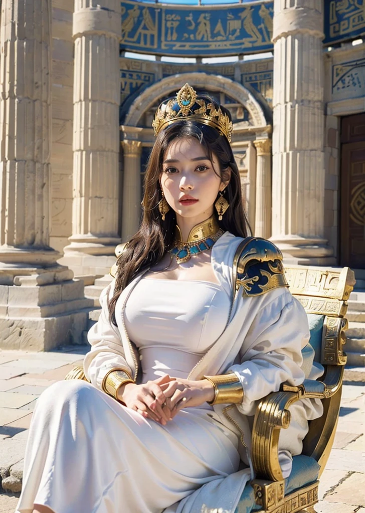 (((((Take off your jacket)))))、((Nipples are visible)),((Both shoulders are visible)),((small breasts with bulge))、(((8K High Resolution), (Highest quality), (RAW Image Quality),(Tabletop:1.2), (Realistic), (Realistic:1.37), ,One girl,Beautiful fine details,Highly detailed skin,(Beautiful face with double eyelids), (realism: 1.4),Female about 20 years old,(Beautiful Face 1.4),Earrings,Cleopatra,Queen,With a distinctive Greek character,Like his hairstyle and typical Greek clothing., Hall々And,Queen,Temple,Royal Outfits,Flowing white robes,crown,Gold Gemstones,Snake head ornament,
national motivation,Fascinating landscape,Sunlight shining through the pillar,Blue sky,Hieroglyphics,Femininity,beauty,Calmness,history,myth,Ancient Egypt,Sands,romantic,Lost in Thought,Arrogant,
arrogant,exotic,ナイル川のQueen,Gorgeous,wonderful,huge,Pantheon,dark, Flowing hair,Bronze Skin,Masonry,Sculpture,SculptureされたStatue,Majestic,Statue
,Hall々And,Dominant,Pharaoh,Warrior,strong,A commanding presence,A richly decorated throne,Queenの部屋,Actual behavior,Hall々And,attractive,Legendary.